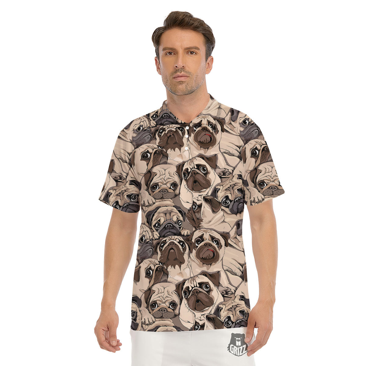 Portrait Pug Vintage Print Pattern Men's Golf Shirts-grizzshop
