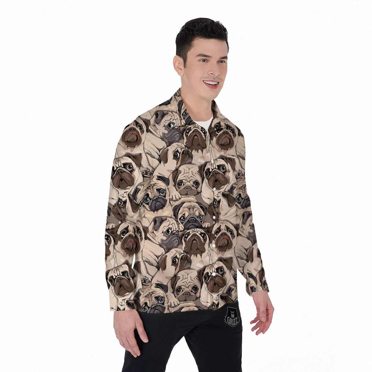 Portrait Pug Vintage Print Pattern Men's Long Sleeve Shirts-grizzshop