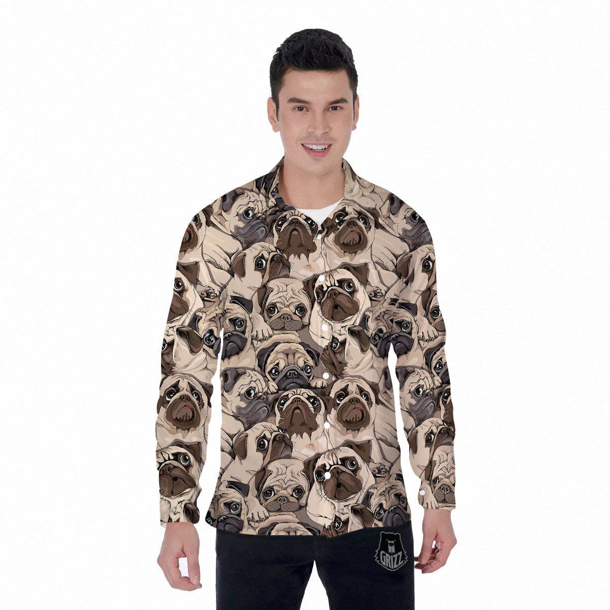 Portrait Pug Vintage Print Pattern Men's Long Sleeve Shirts-grizzshop