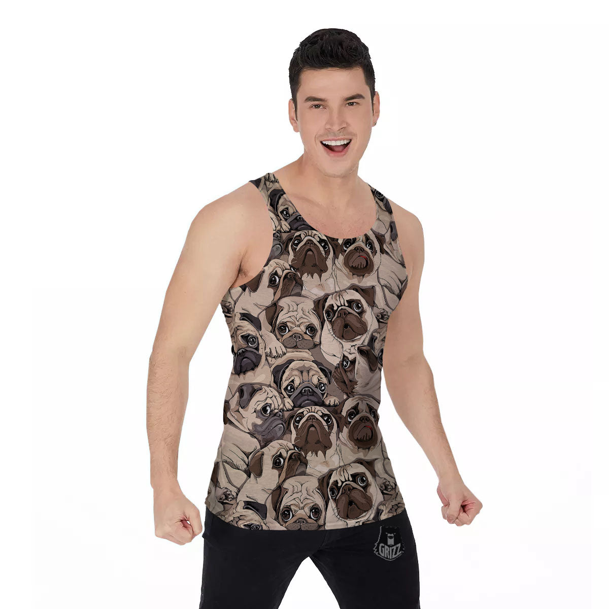 Portrait Pug Vintage Print Pattern Men's Tank Top-grizzshop