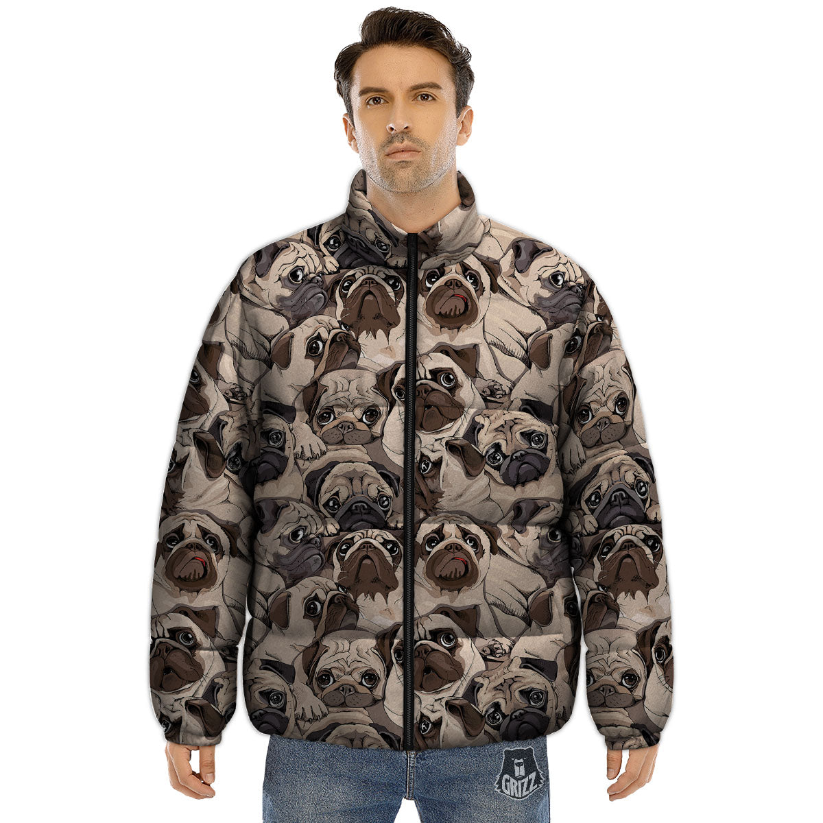 Portrait Pug Vintage Print Pattern Puffer Jacket-grizzshop