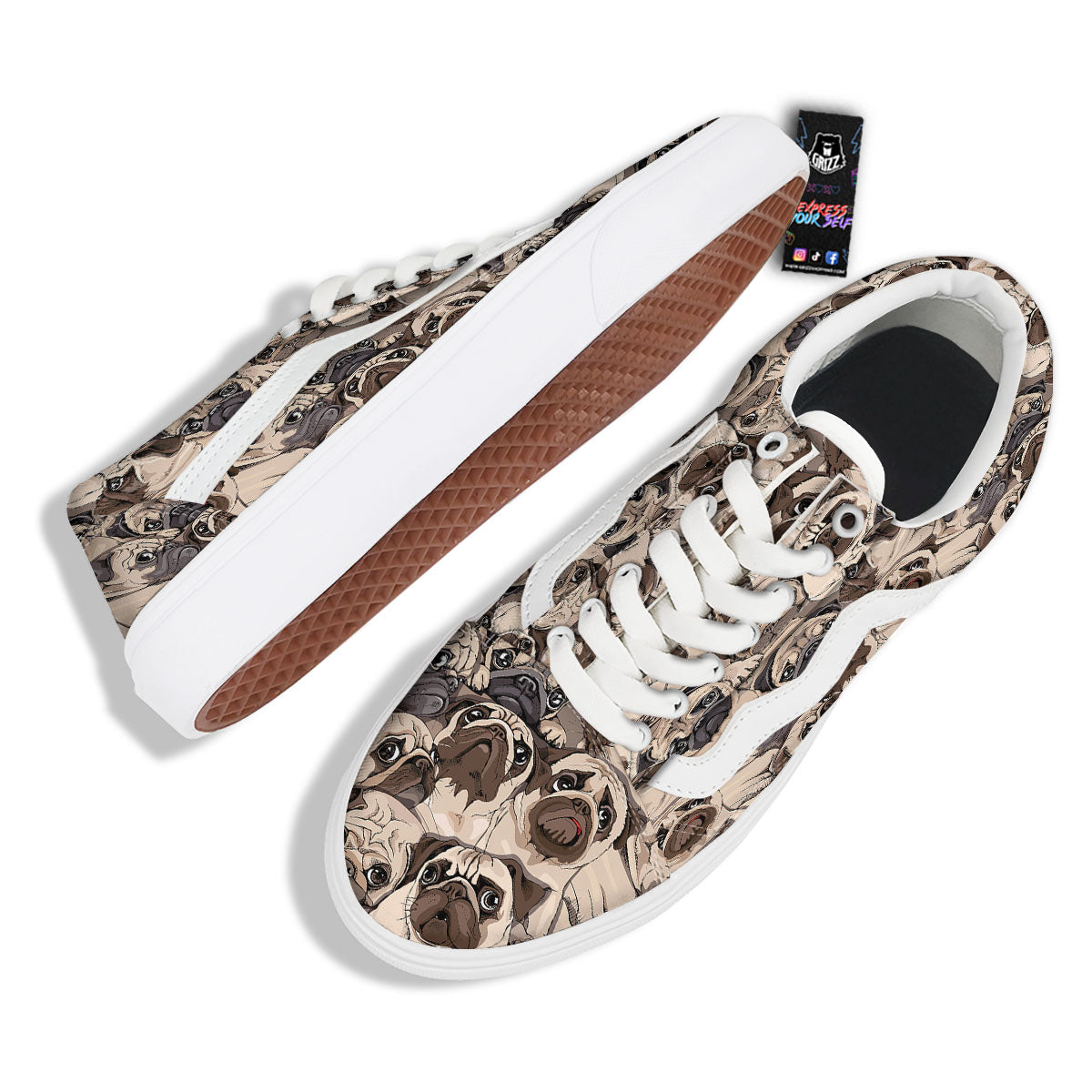 Portrait Pug Vintage Print Pattern Skate Shoes-grizzshop