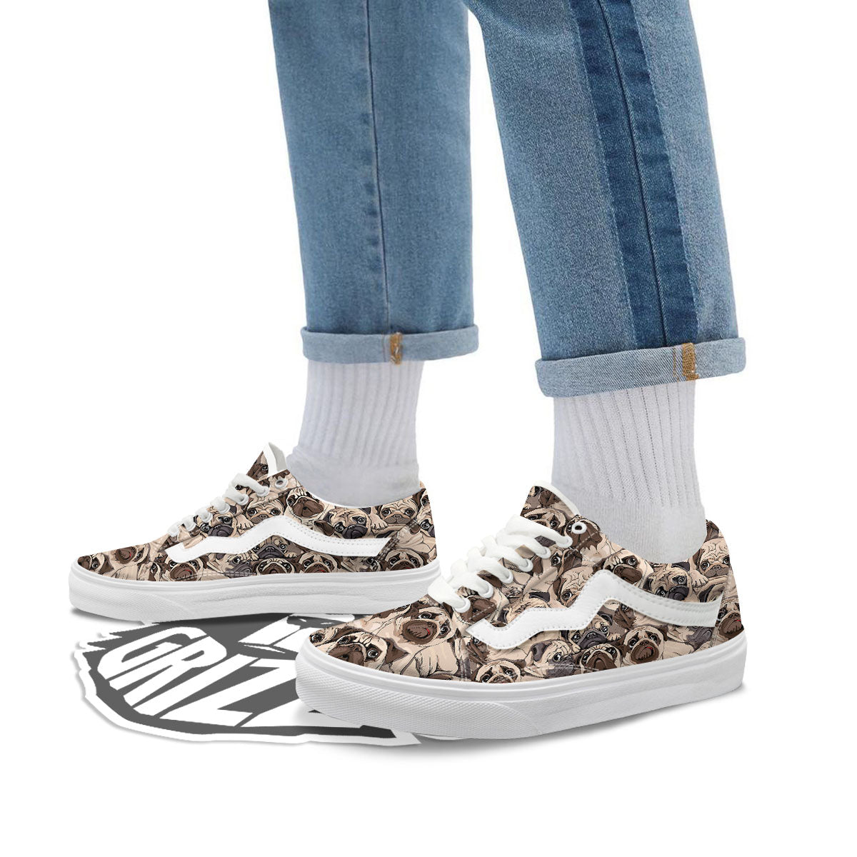 Portrait Pug Vintage Print Pattern Skate Shoes-grizzshop