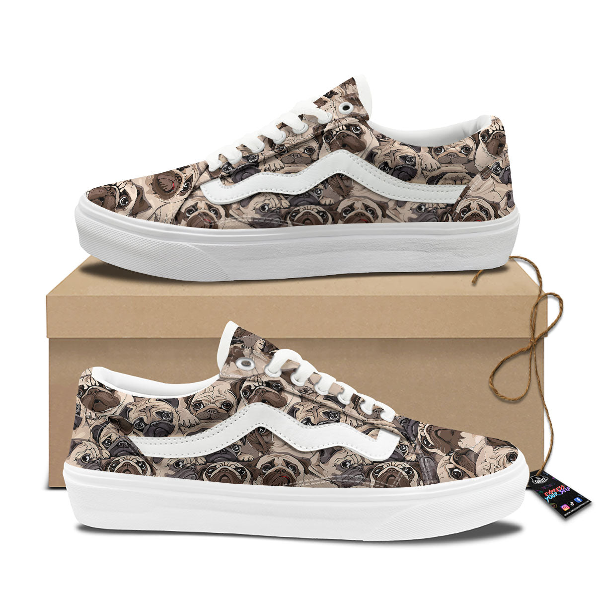 Portrait Pug Vintage Print Pattern Skate Shoes-grizzshop
