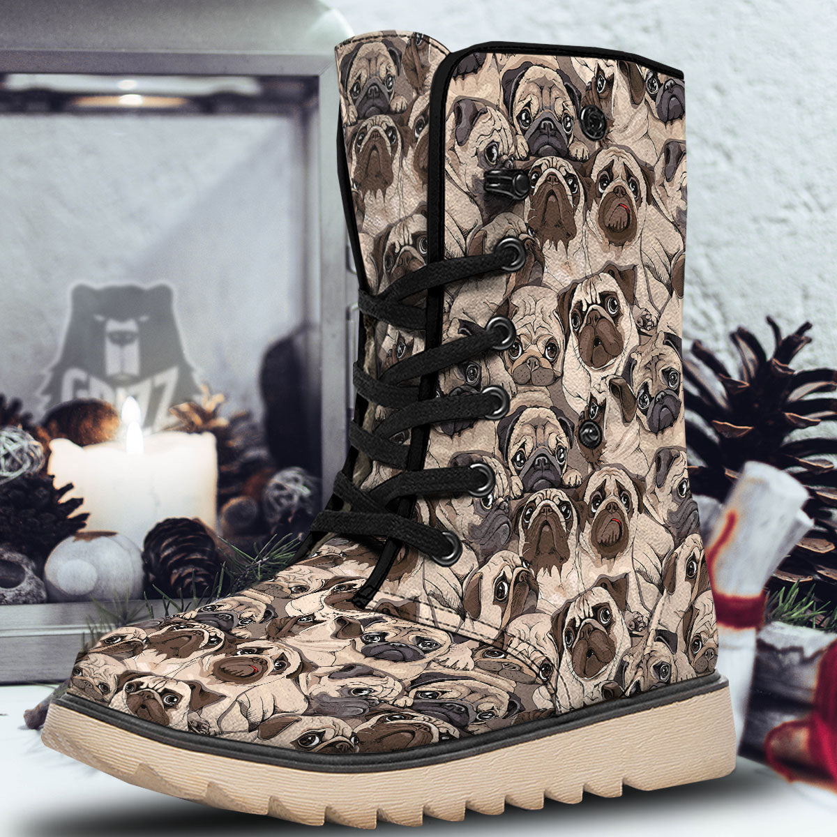 Portrait Pug Vintage Print Pattern Snow Boots-grizzshop