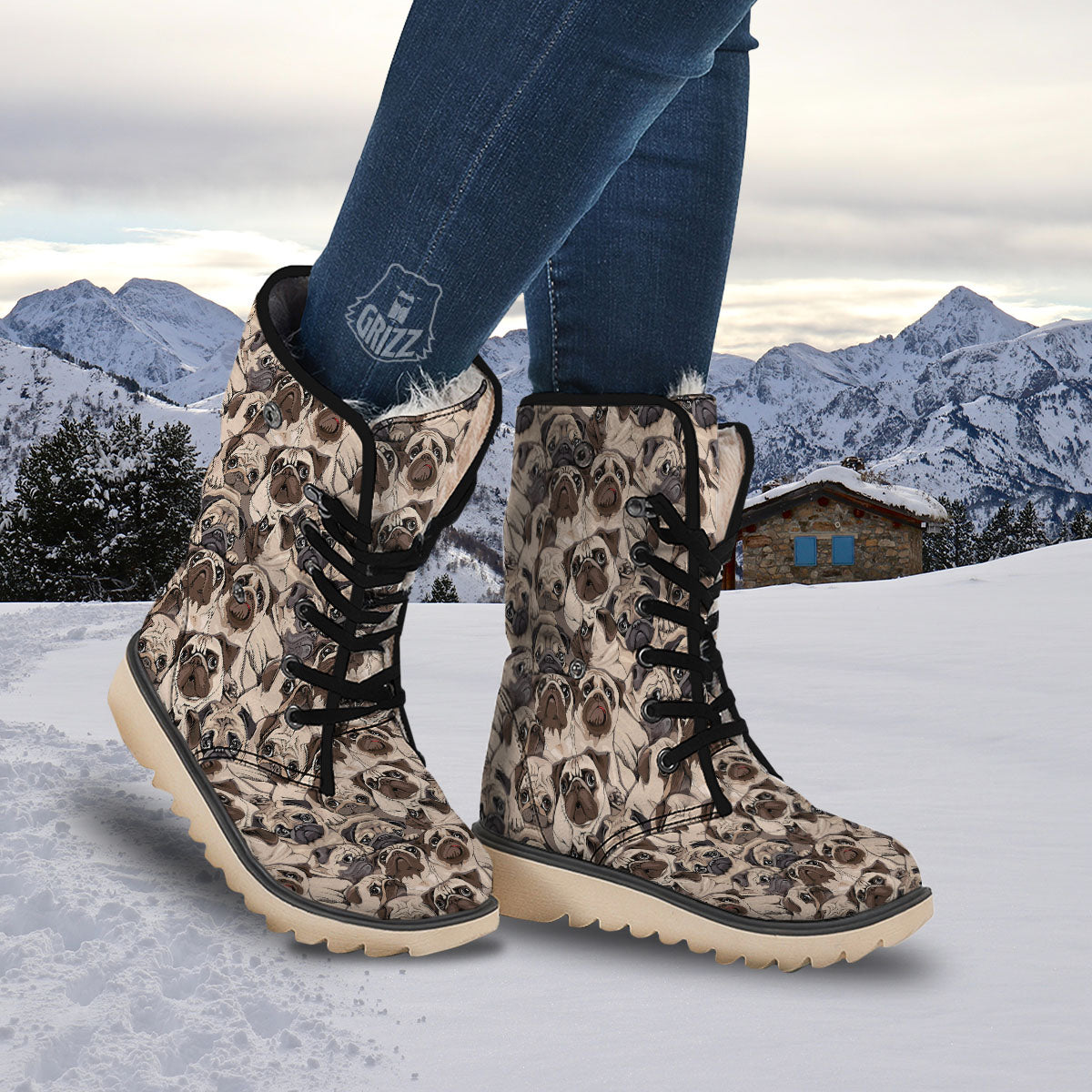 Portrait Pug Vintage Print Pattern Snow Boots-grizzshop