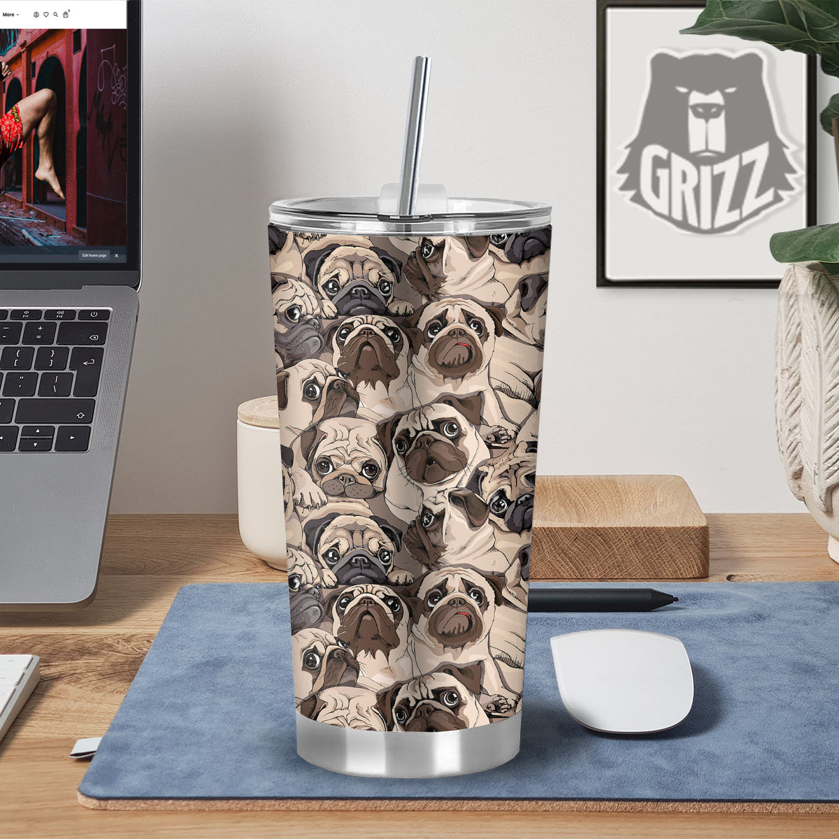 Portrait Pug Vintage Print Pattern Tumbler-grizzshop