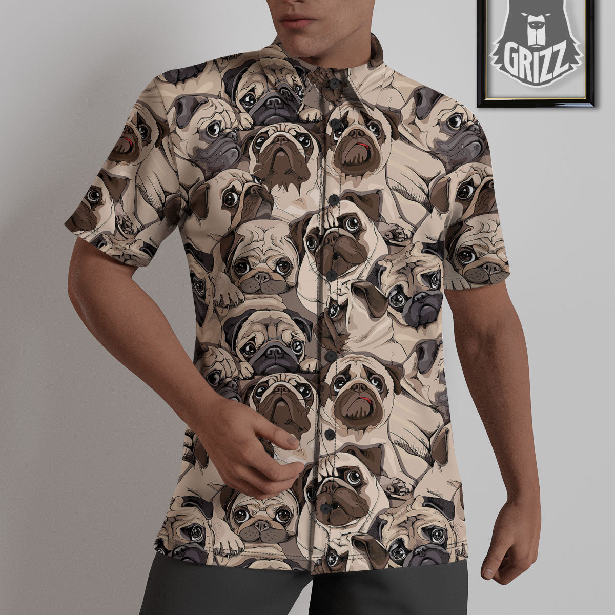 Portrait Pug Vintage Print Pattern Untucked Shirts-grizzshop