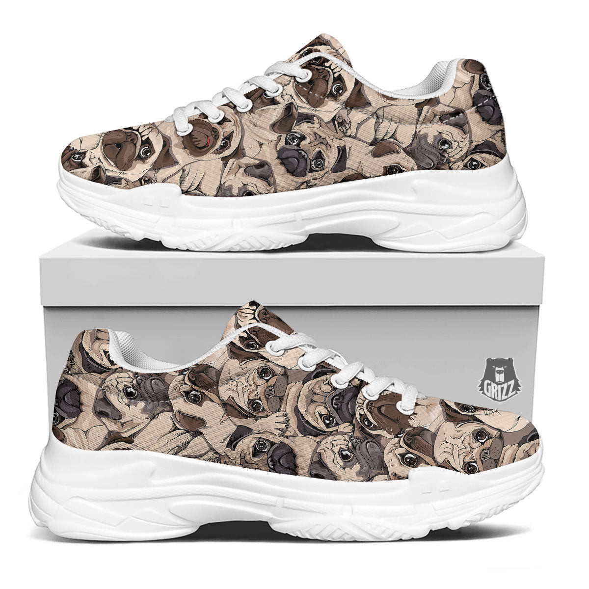 Portrait Pug Vintage Print Pattern White Chunky Shoes-grizzshop