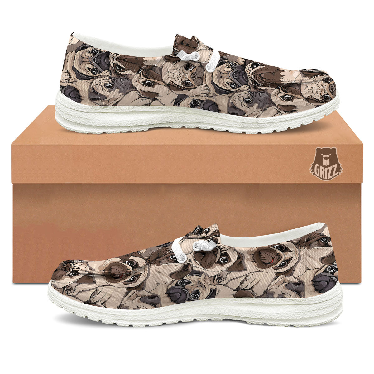 Portrait Pug Vintage Print Pattern White Loafers-grizzshop