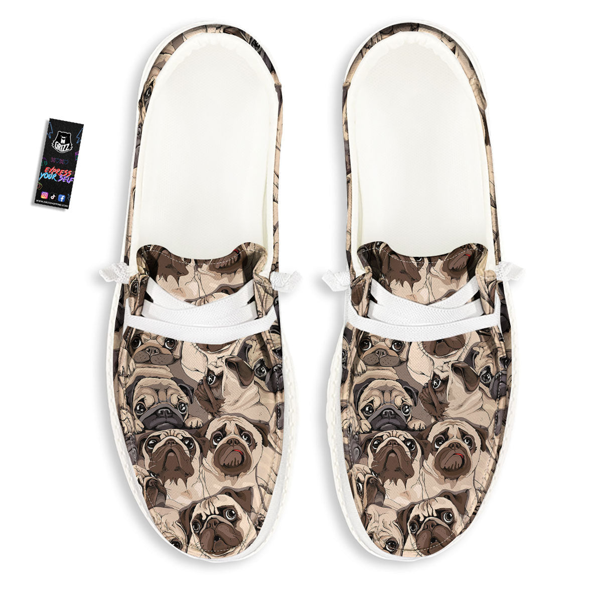 Portrait Pug Vintage Print Pattern White Loafers-grizzshop