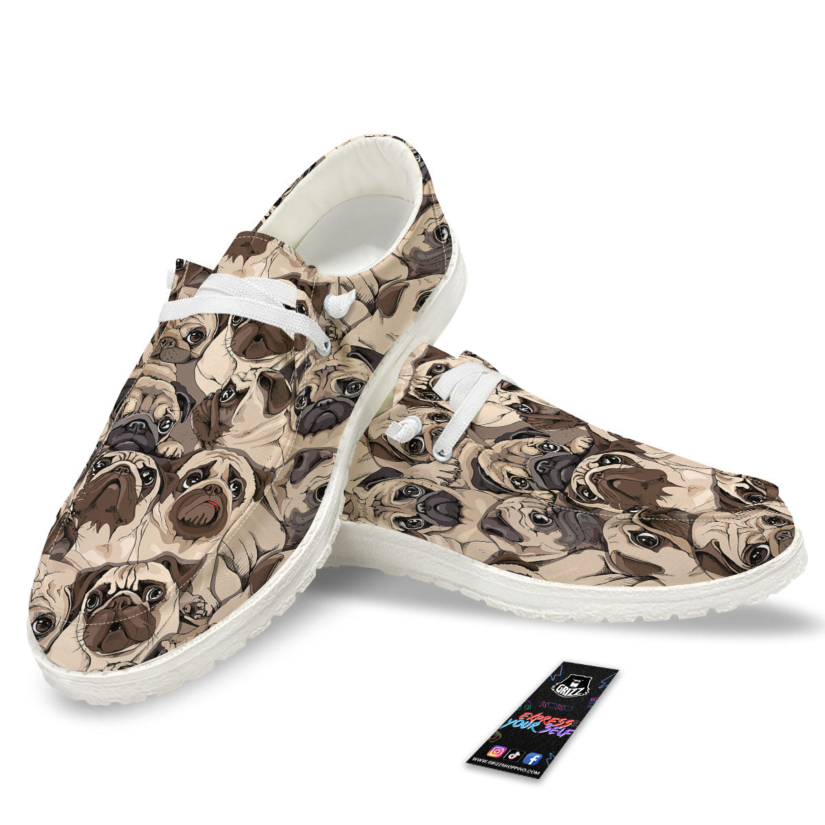 Portrait Pug Vintage Print Pattern White Loafers-grizzshop