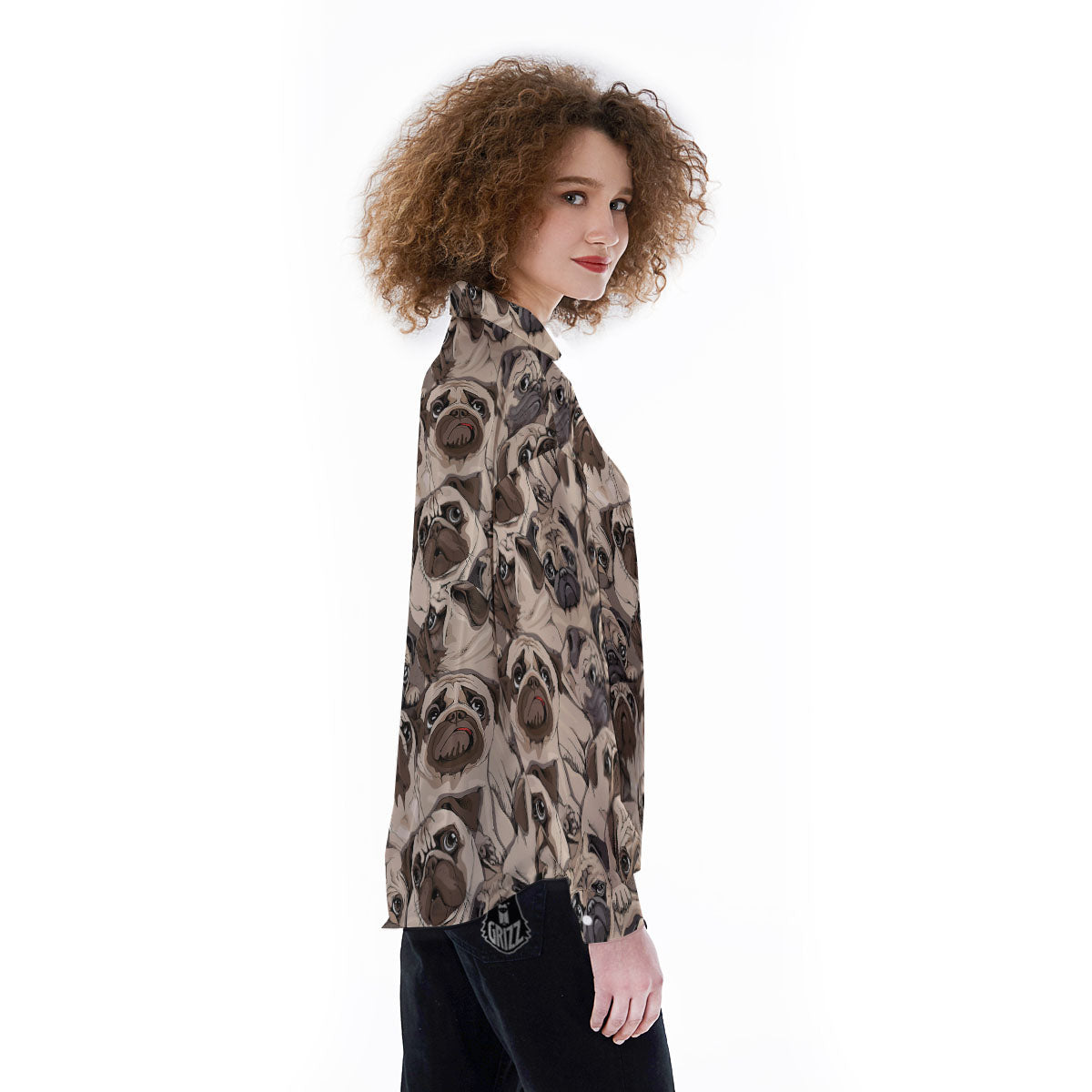 Portrait Pug Vintage Print Pattern Women's Long Sleeve Shirts-grizzshop