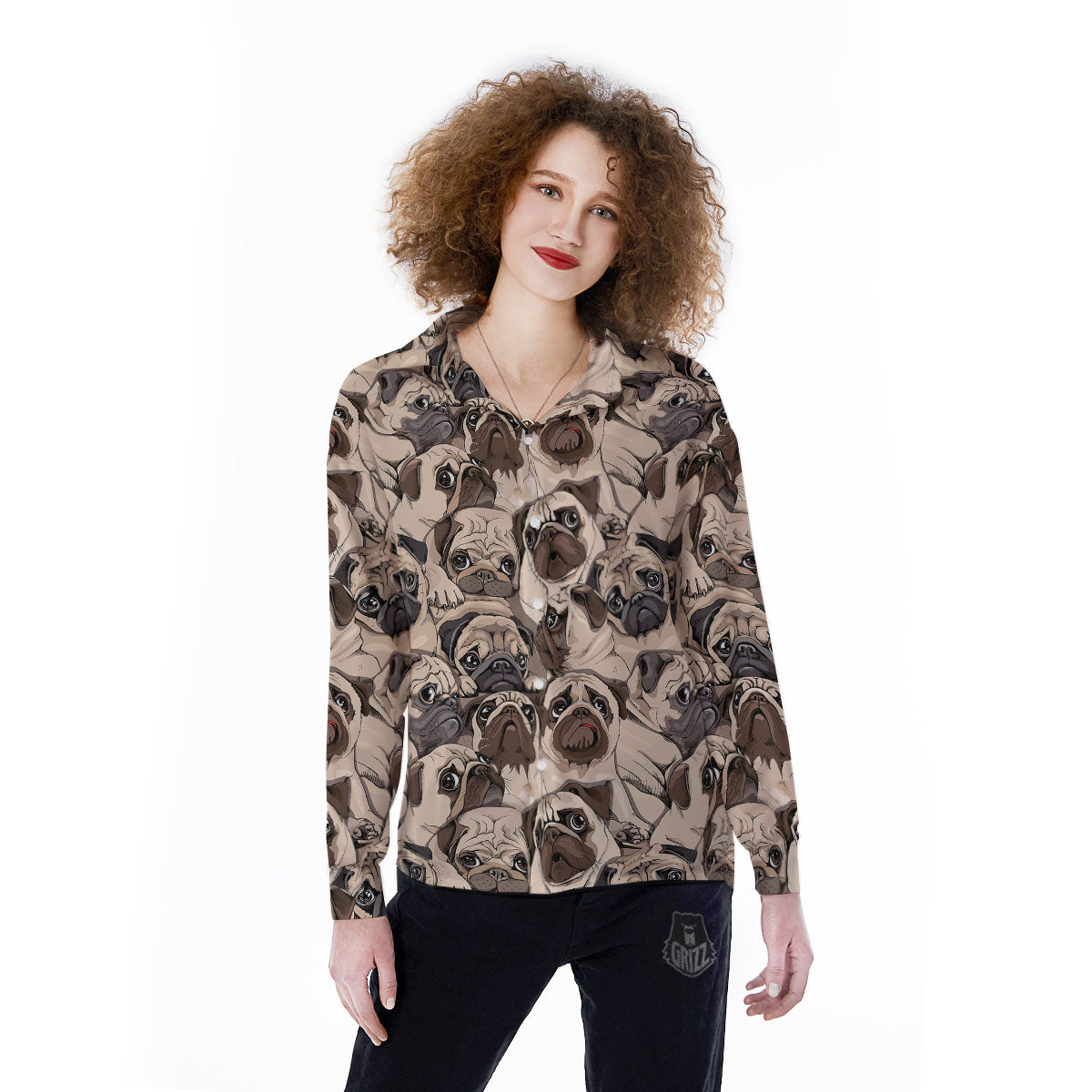 Portrait Pug Vintage Print Pattern Women's Long Sleeve Shirts-grizzshop