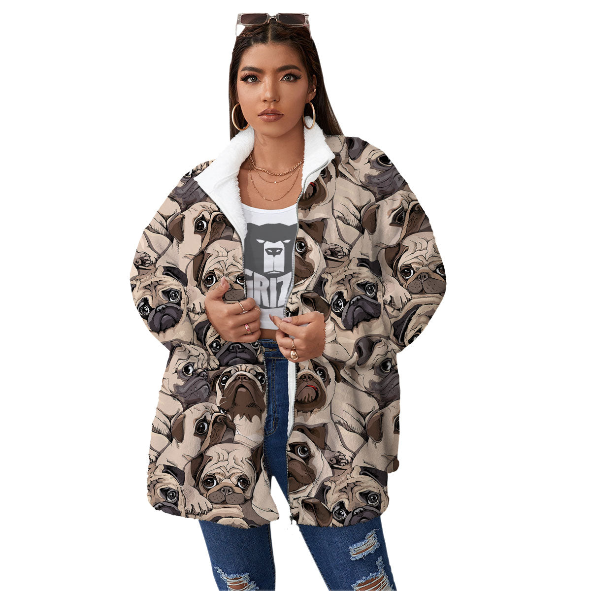 Portrait Pug Vintage Print Pattern Women's Sherpa Jacket-grizzshop