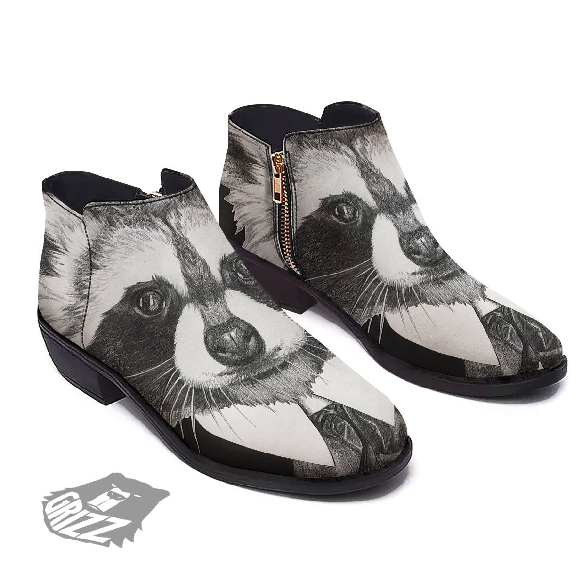 Portrait Raccoon Print Ankle Boots-grizzshop