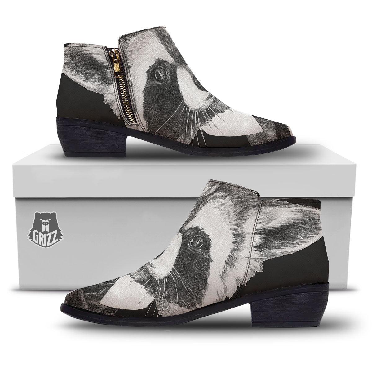 Portrait Raccoon Print Ankle Boots-grizzshop