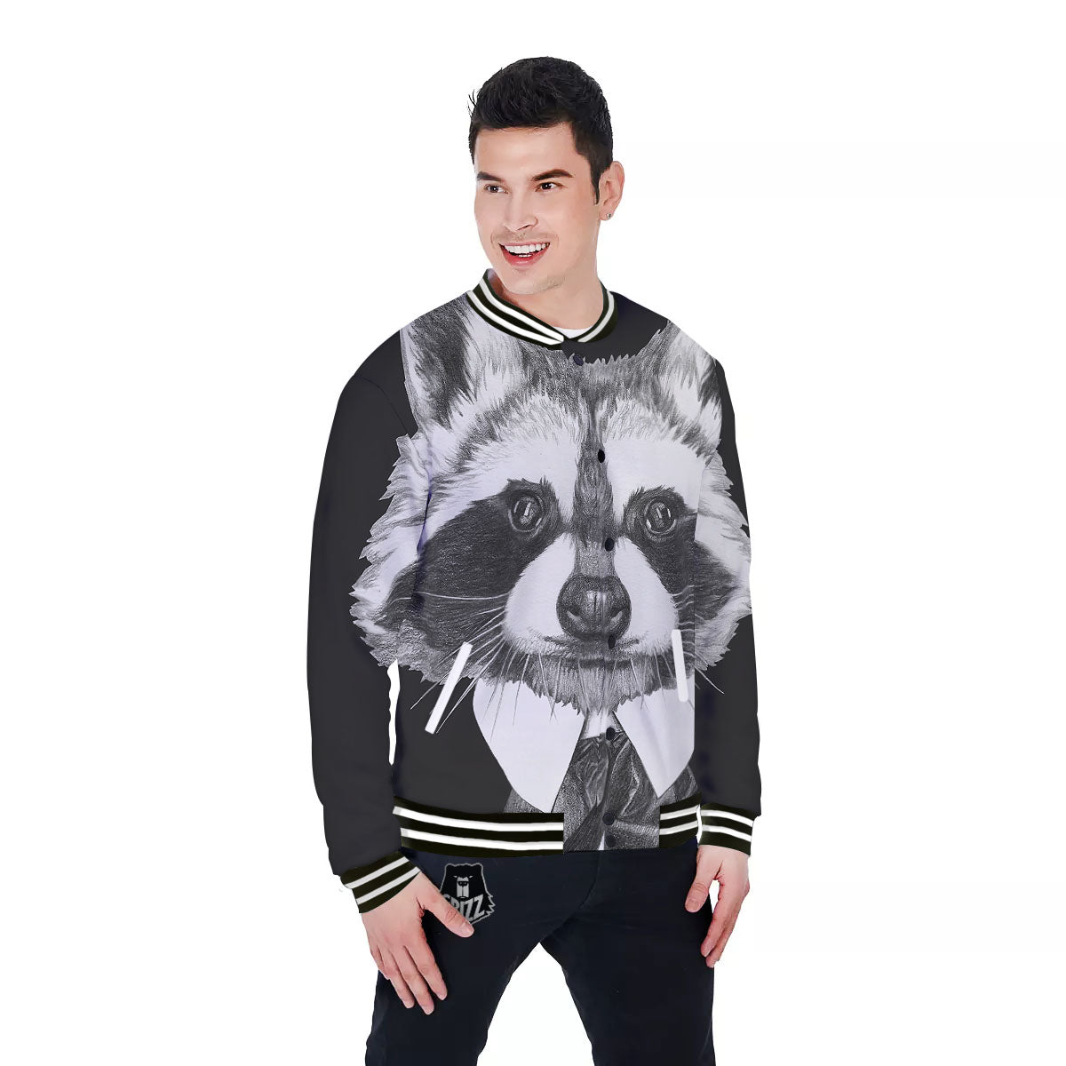 Portrait Raccoon Print Baseball Jacket-grizzshop