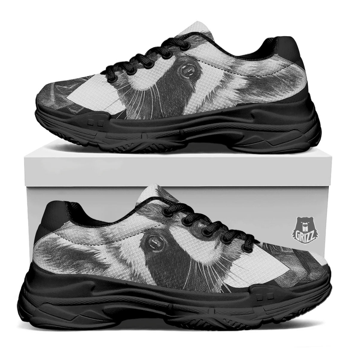 Portrait Raccoon Print Black Chunky Shoes-grizzshop