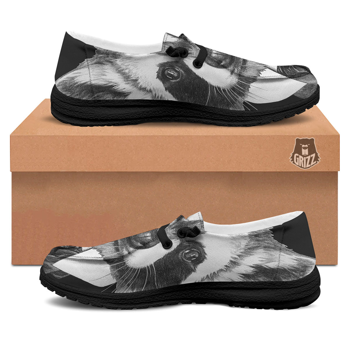 Portrait Raccoon Print Black Loafers-grizzshop