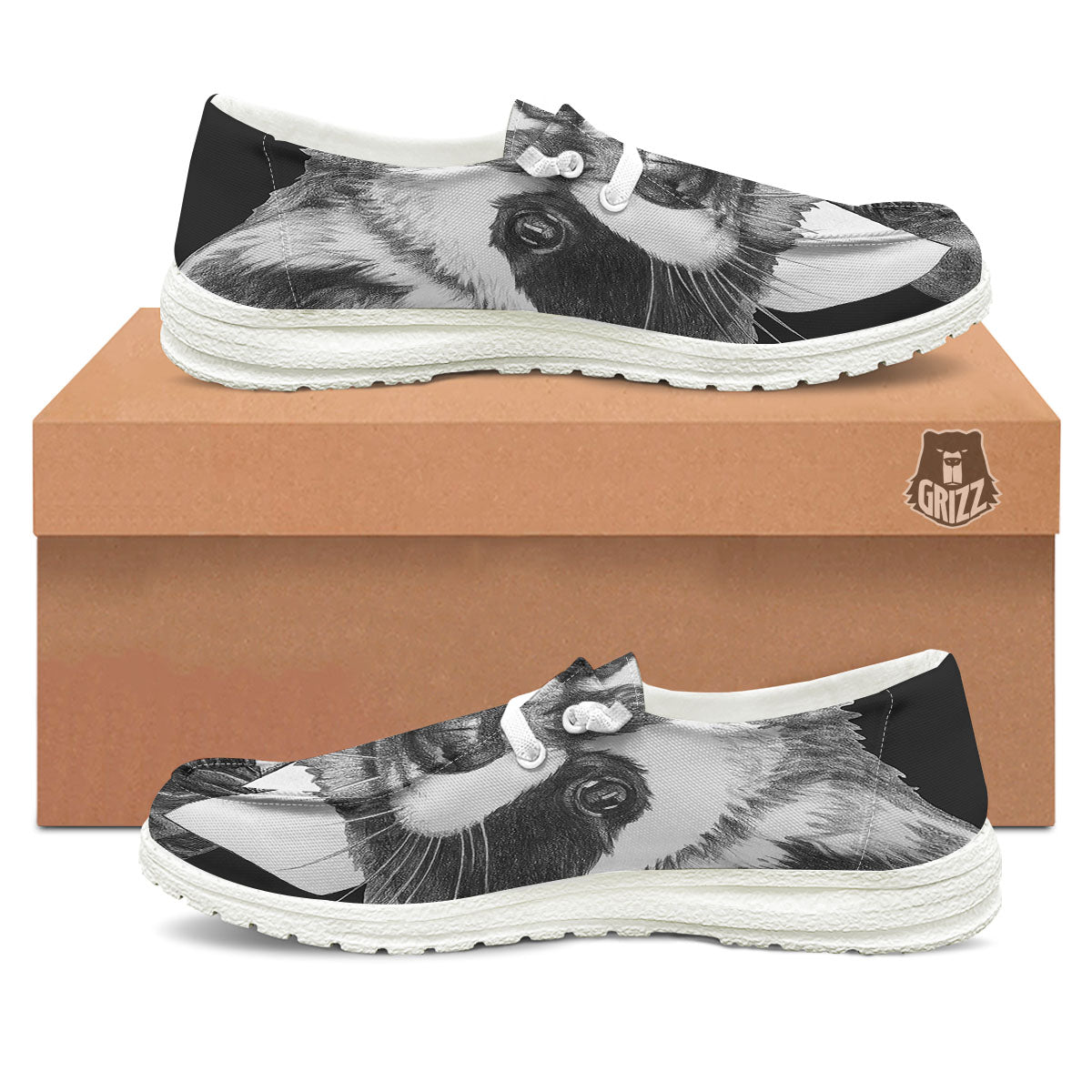 Portrait Raccoon Print Black Loafers-grizzshop