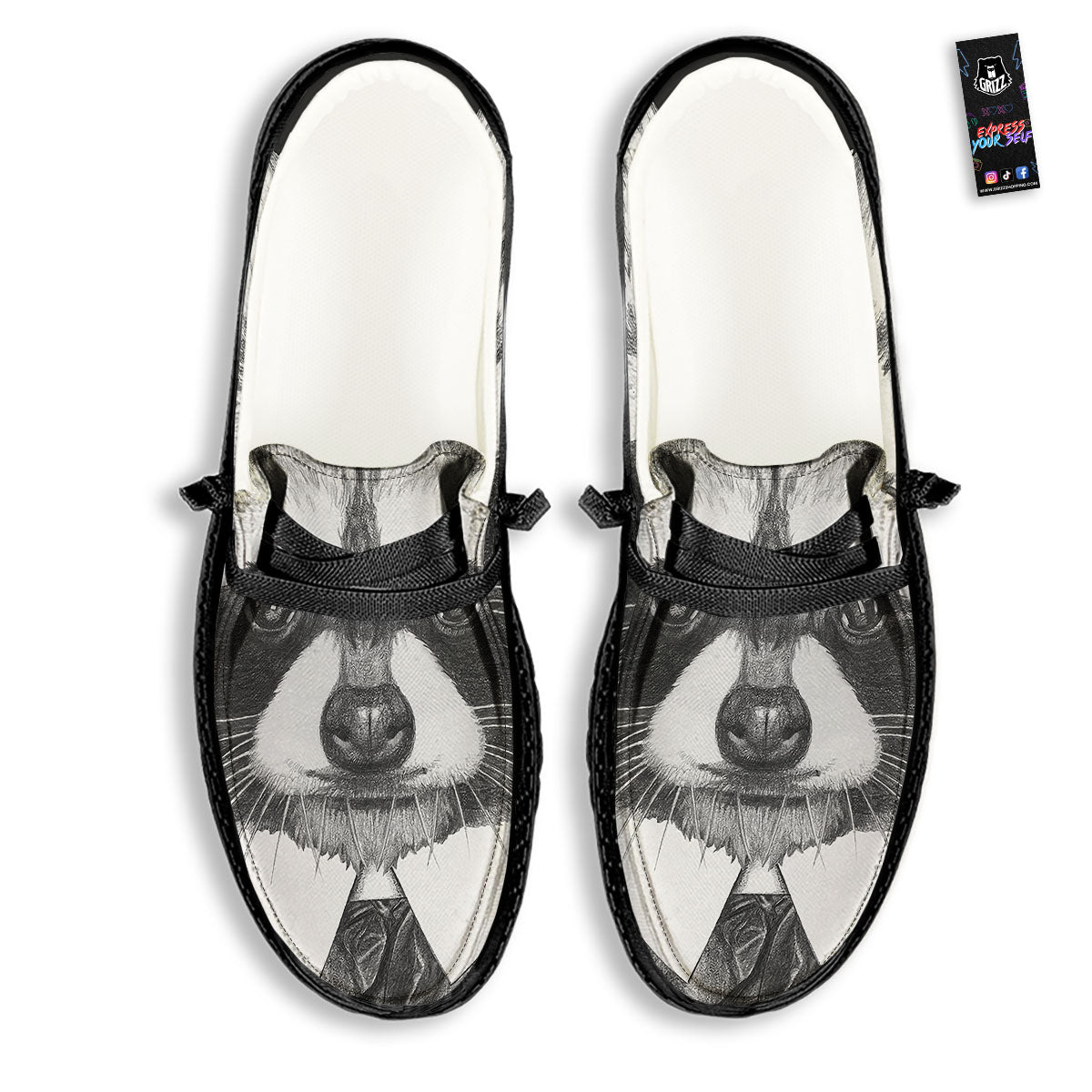 Portrait Raccoon Print Black Loafers-grizzshop