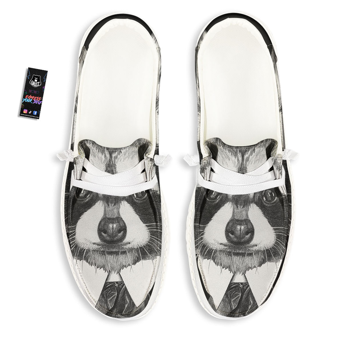 Portrait Raccoon Print Black Loafers-grizzshop
