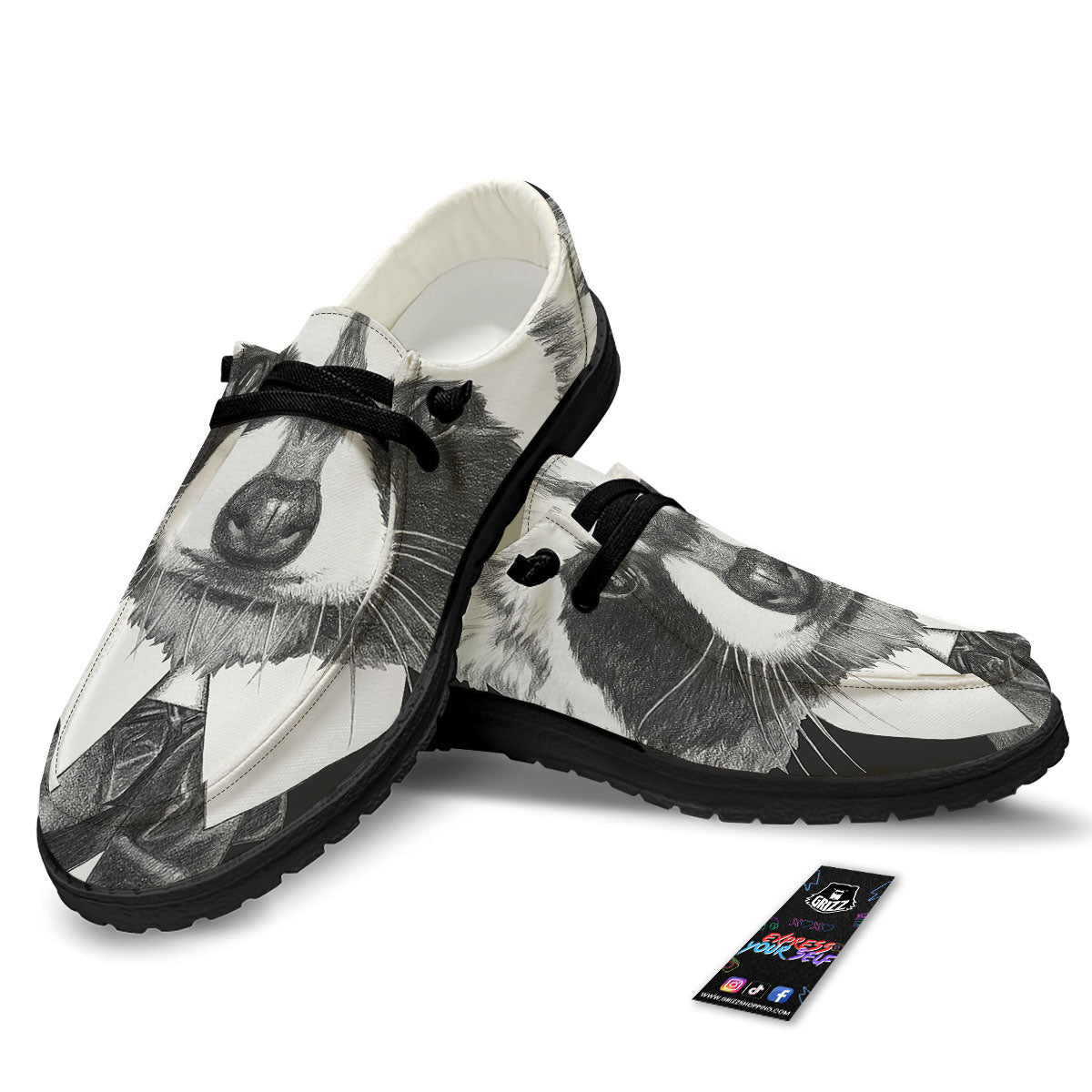 Portrait Raccoon Print Black Loafers-grizzshop