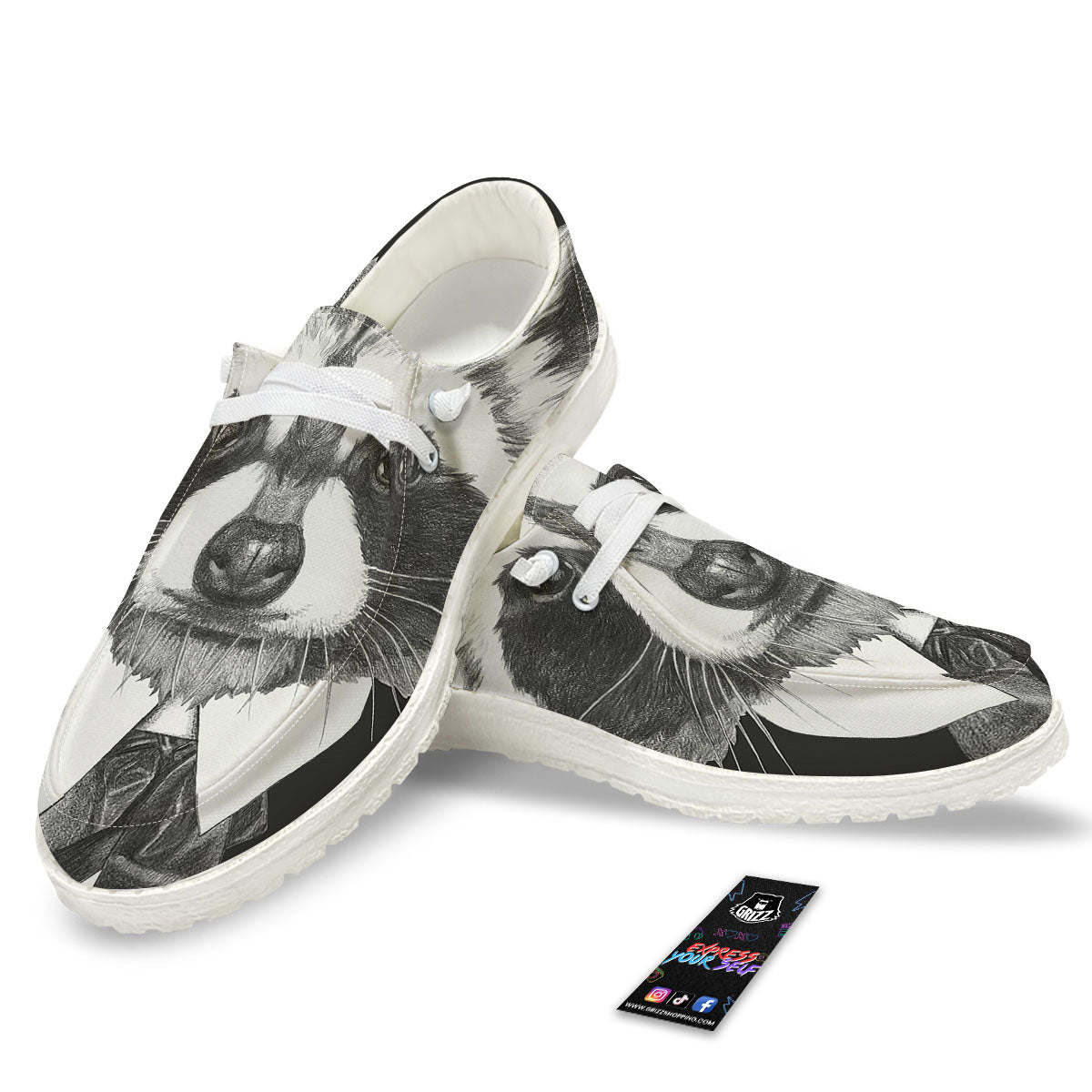 Portrait Raccoon Print Black Loafers-grizzshop