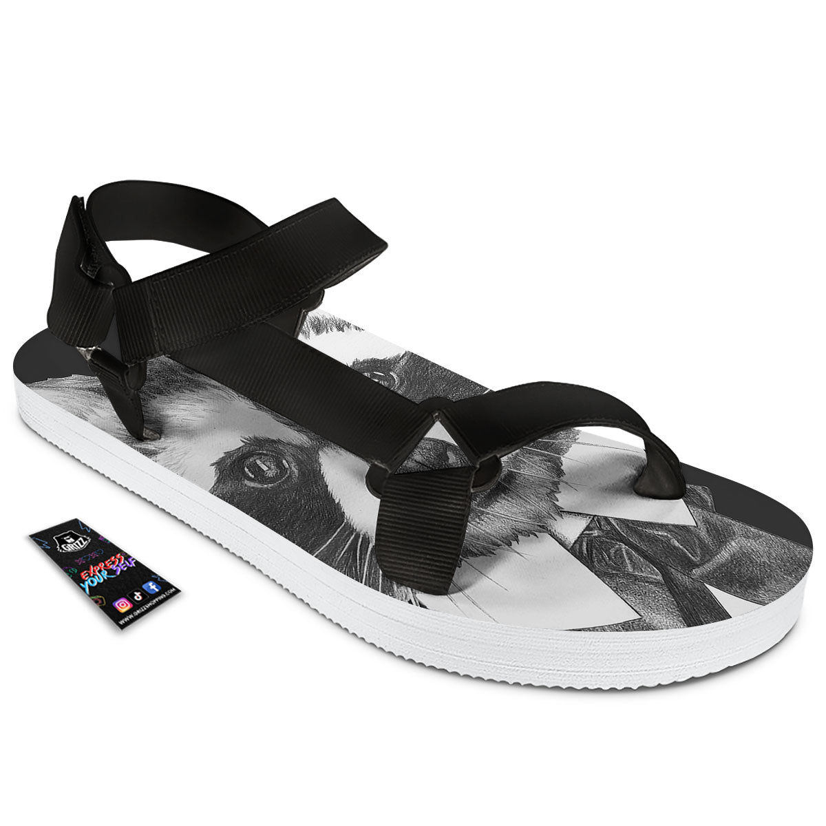 Portrait Raccoon Print Black Open Toe Sandals-grizzshop