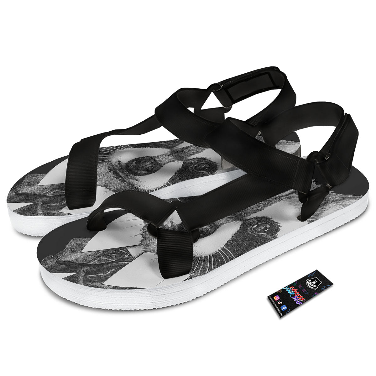 Portrait Raccoon Print Black Open Toe Sandals-grizzshop
