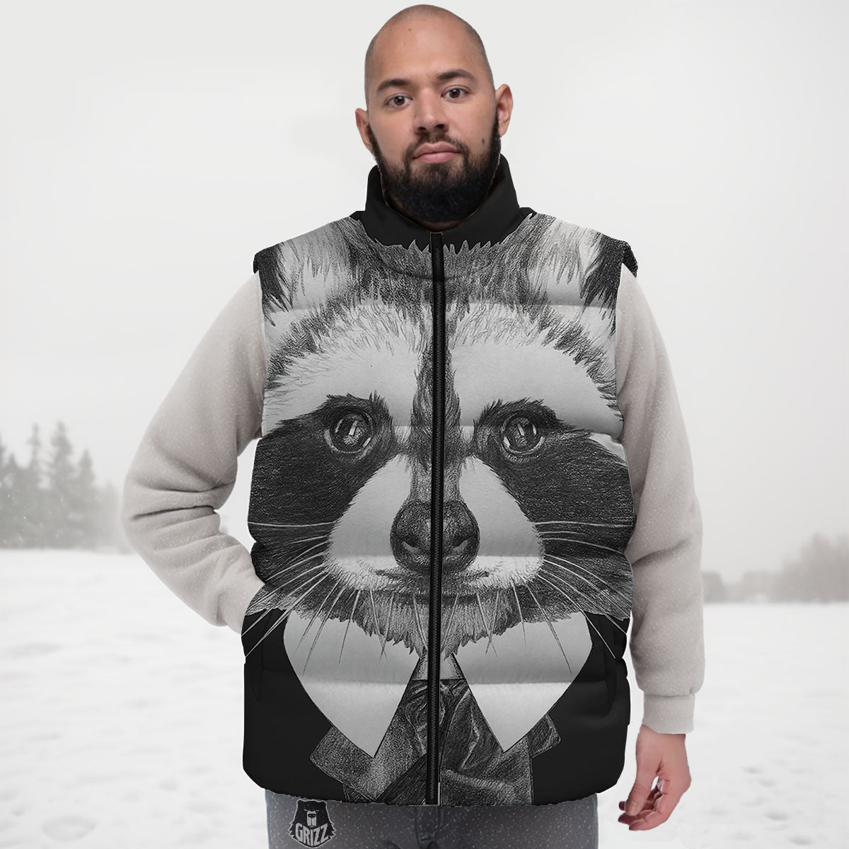 Portrait Raccoon Print Down Vest