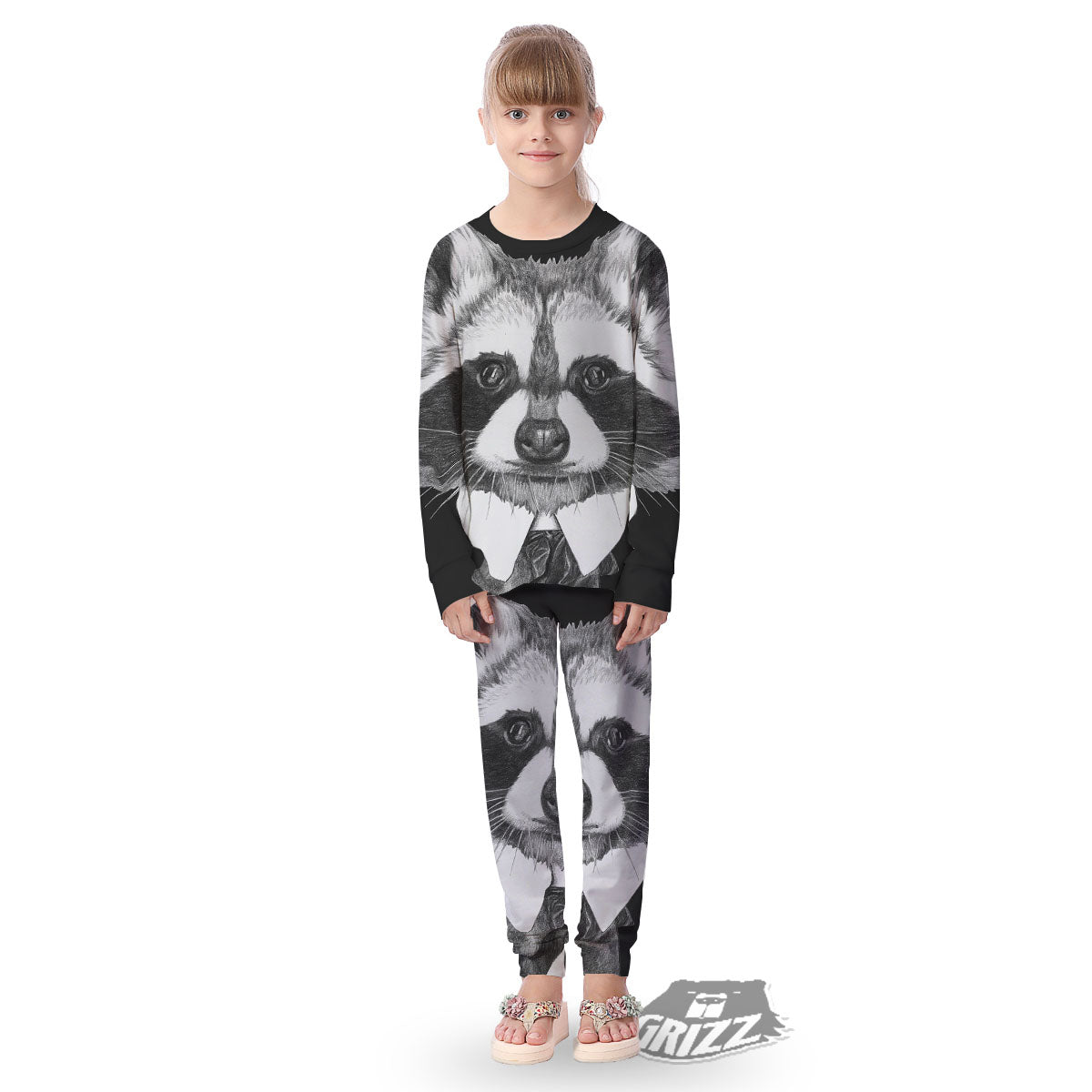 Portrait Raccoon Print Kid's Pajamas-grizzshop