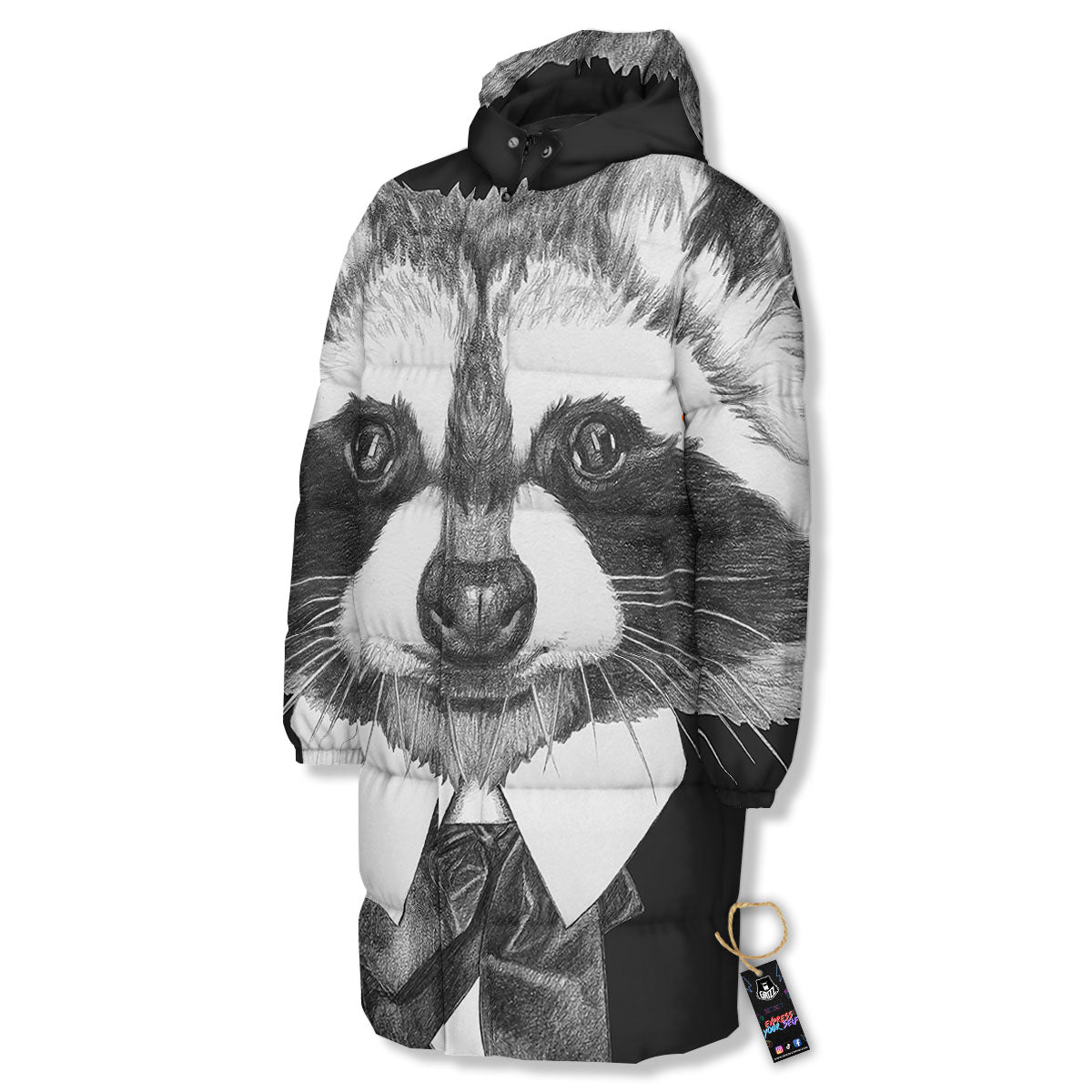 Portrait Raccoon Print Long Down Jacket-grizzshop