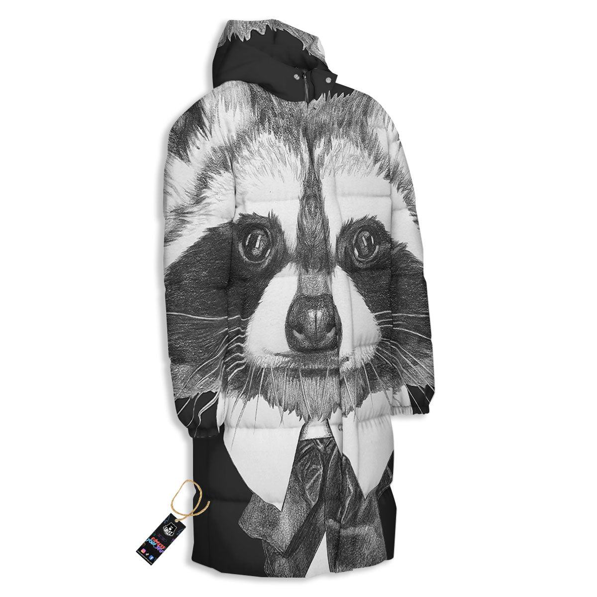Portrait Raccoon Print Long Down Jacket-grizzshop