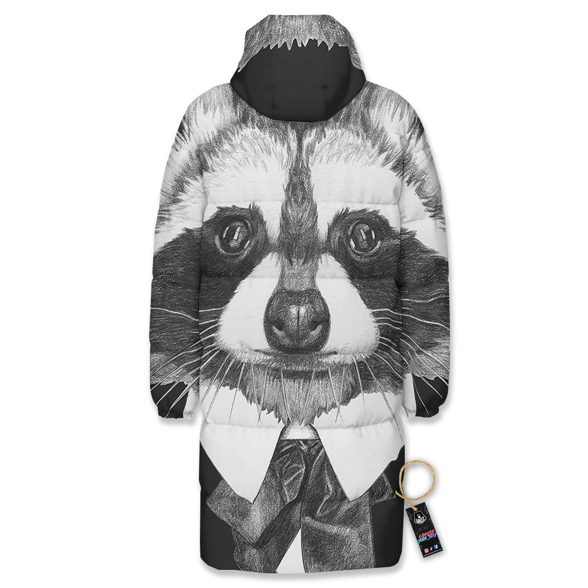 Portrait Raccoon Print Long Down Jacket-grizzshop