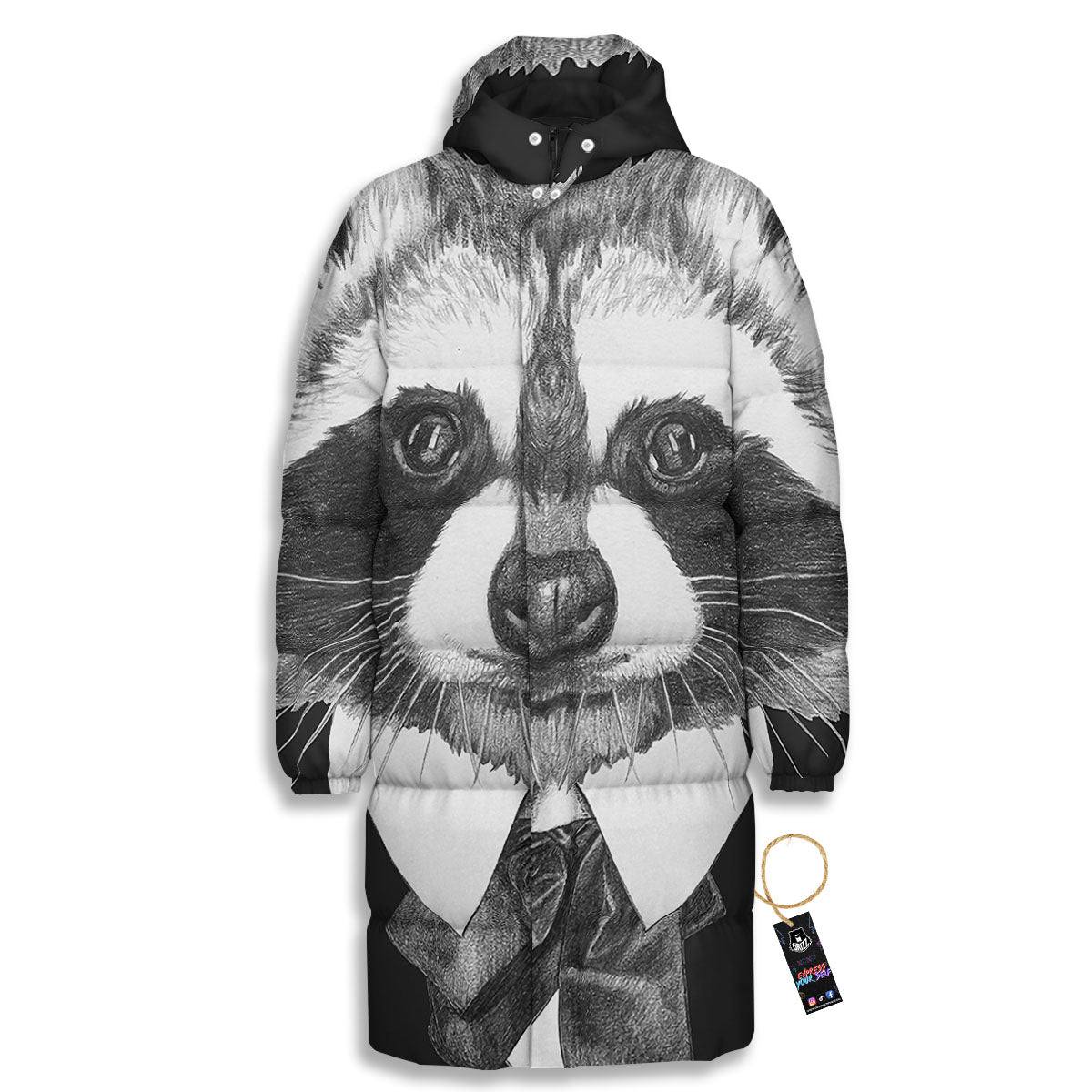 Portrait Raccoon Print Long Down Jacket-grizzshop