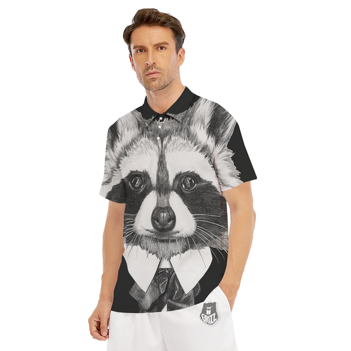 Portrait Raccoon Print Men's Golf Shirts-grizzshop