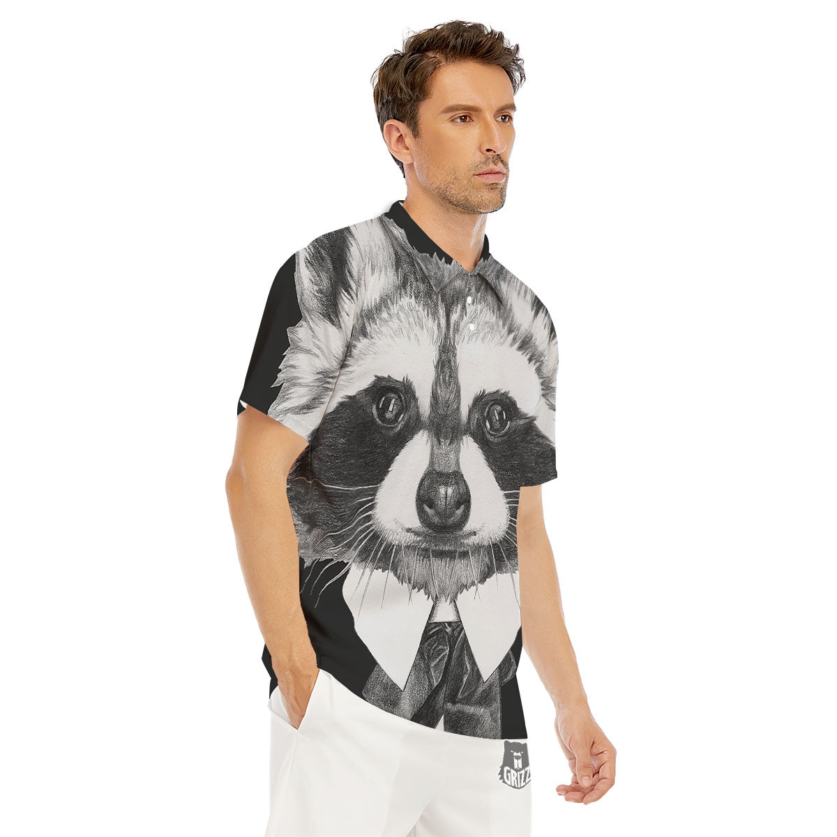 Portrait Raccoon Print Men's Golf Shirts-grizzshop