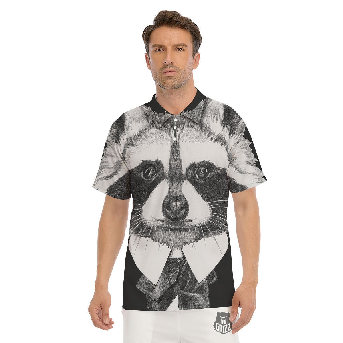 Portrait Raccoon Print Men's Golf Shirts-grizzshop