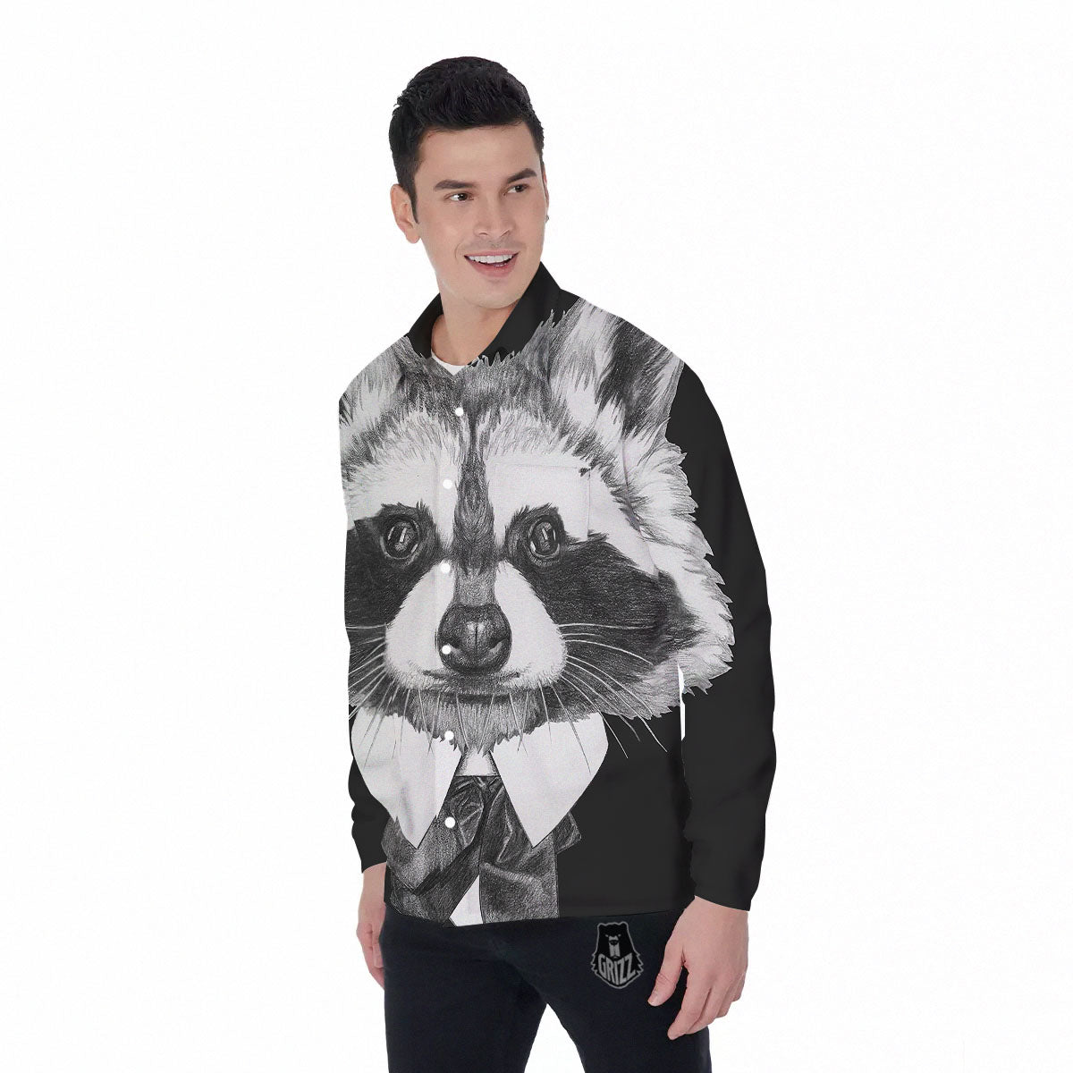 Portrait Raccoon Print Men's Long Sleeve Shirts-grizzshop