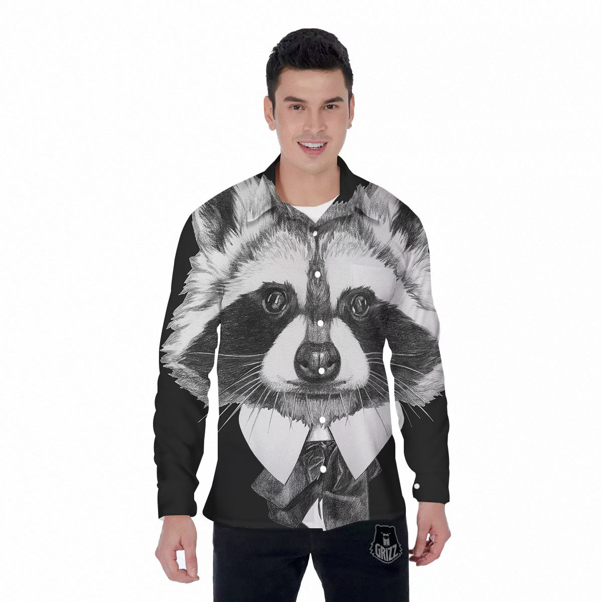 Portrait Raccoon Print Men's Long Sleeve Shirts-grizzshop