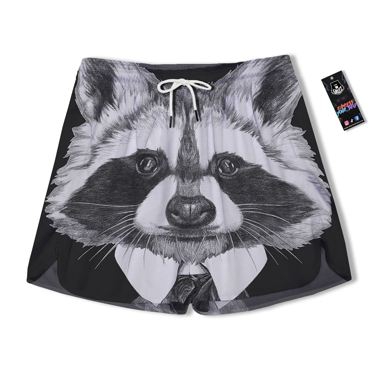 Portrait Raccoon Print Men's Running Shorts-grizzshop