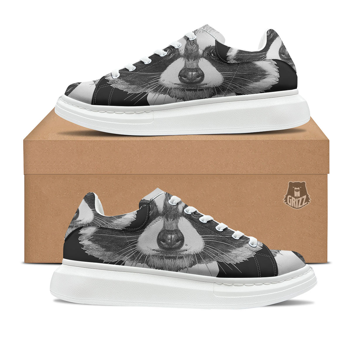 Portrait Raccoon Print Platform Shoes-grizzshop