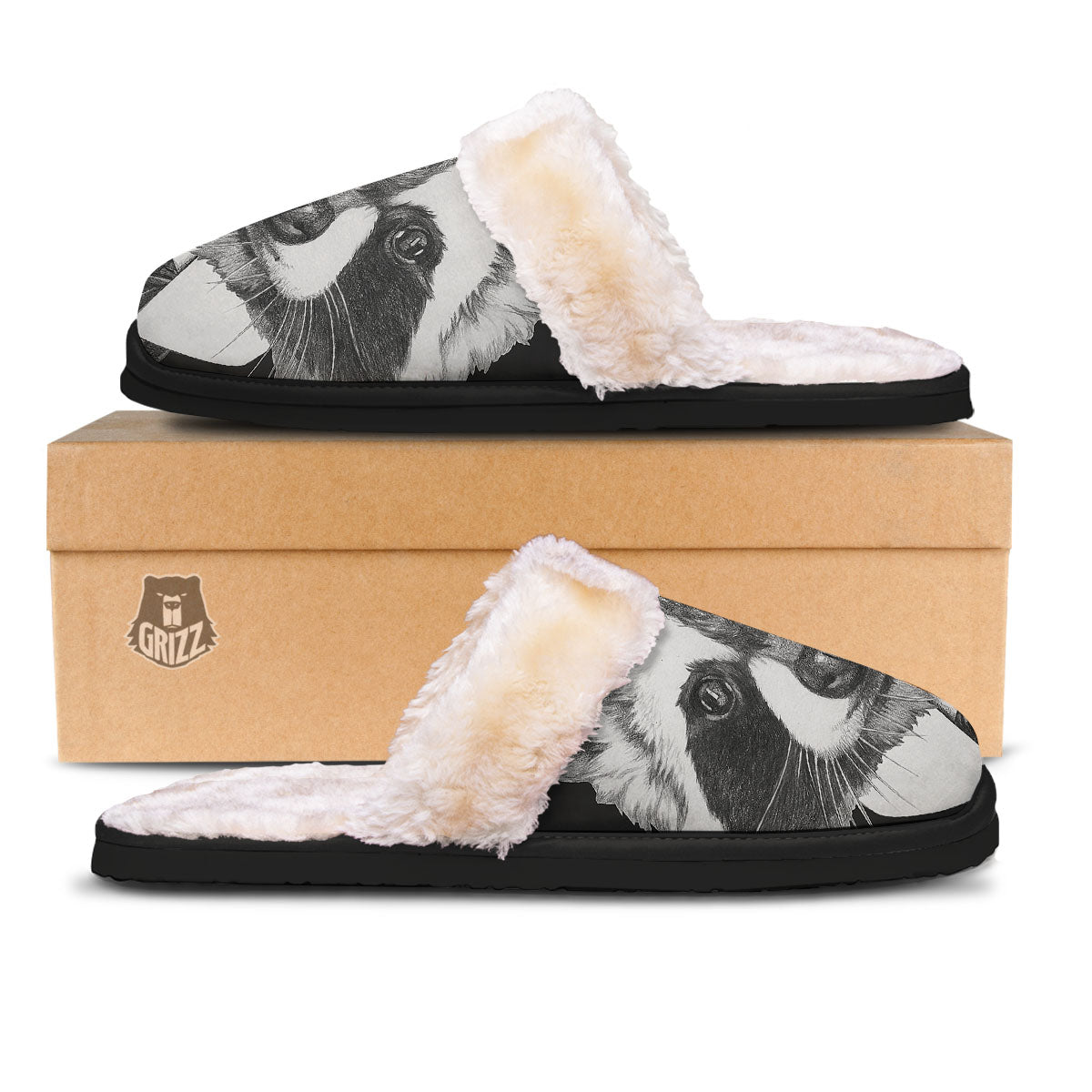 Portrait Raccoon Print Slippers-grizzshop
