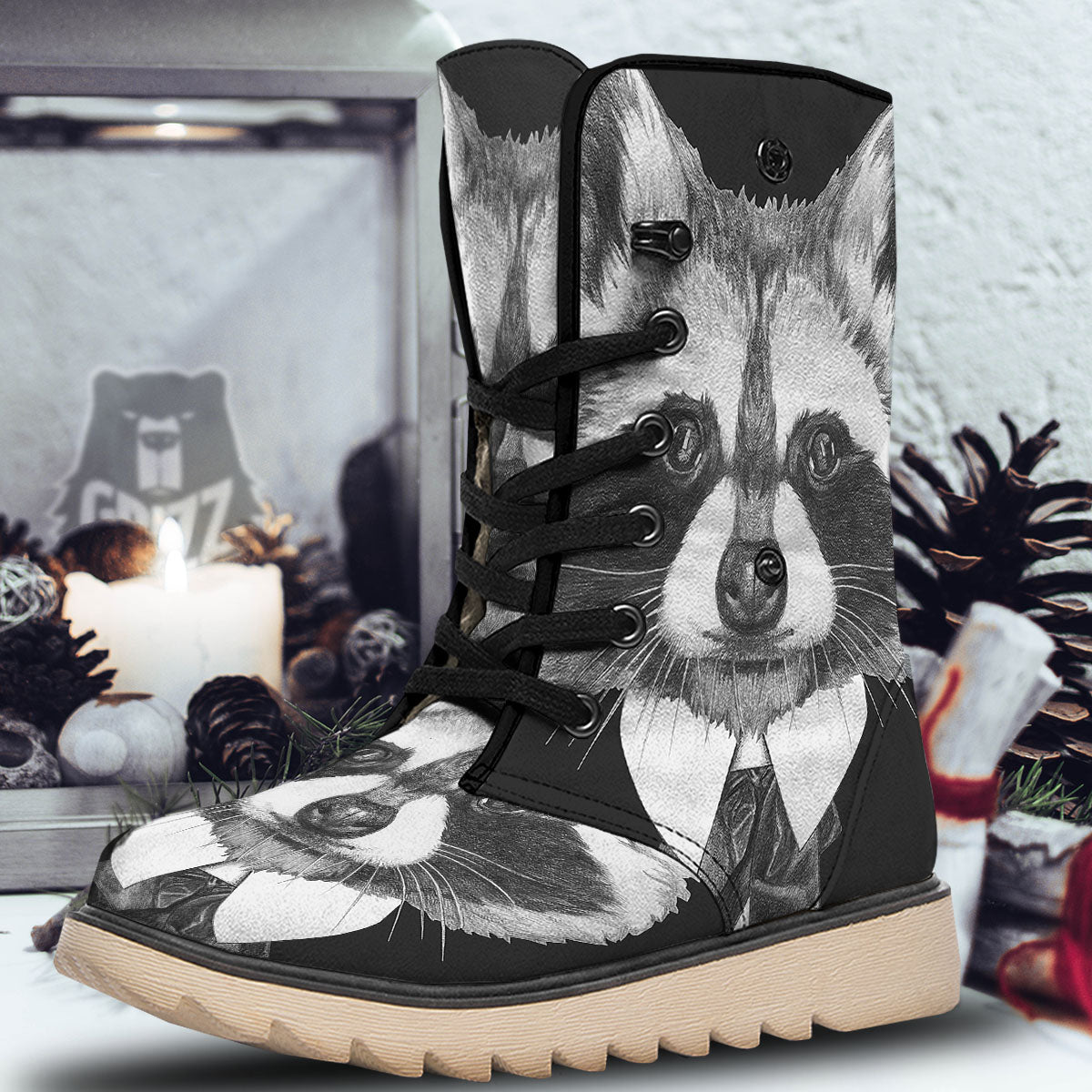 Portrait Raccoon Print Snow Boots-grizzshop