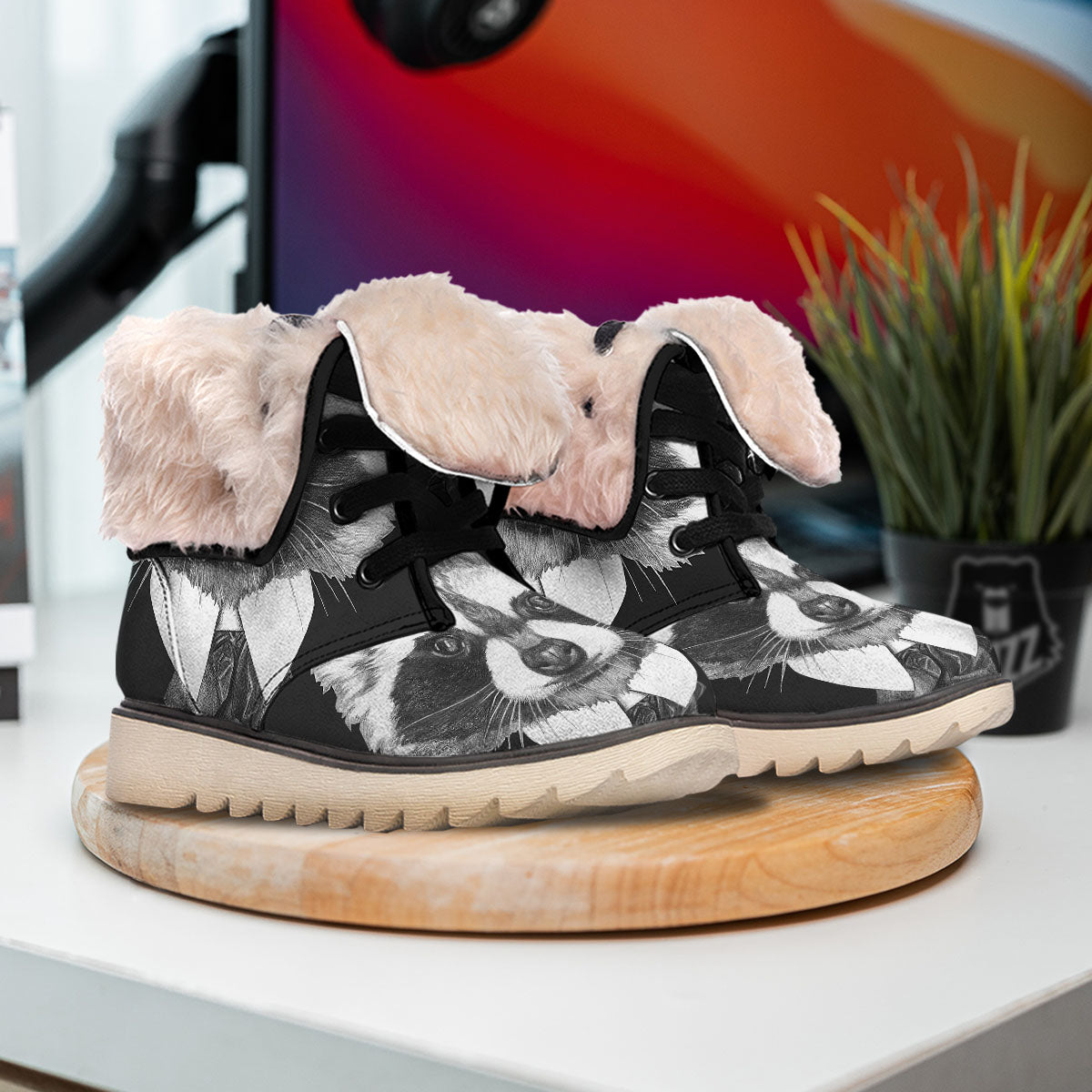 Portrait Raccoon Print Snow Boots-grizzshop