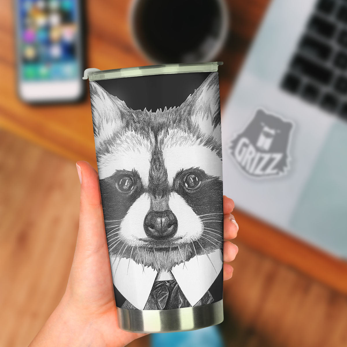 Portrait Raccoon Print Tumbler-grizzshop