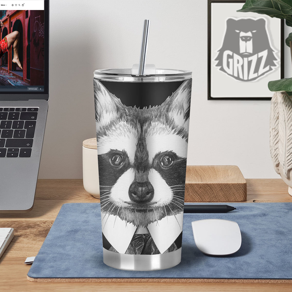 Portrait Raccoon Print Tumbler-grizzshop