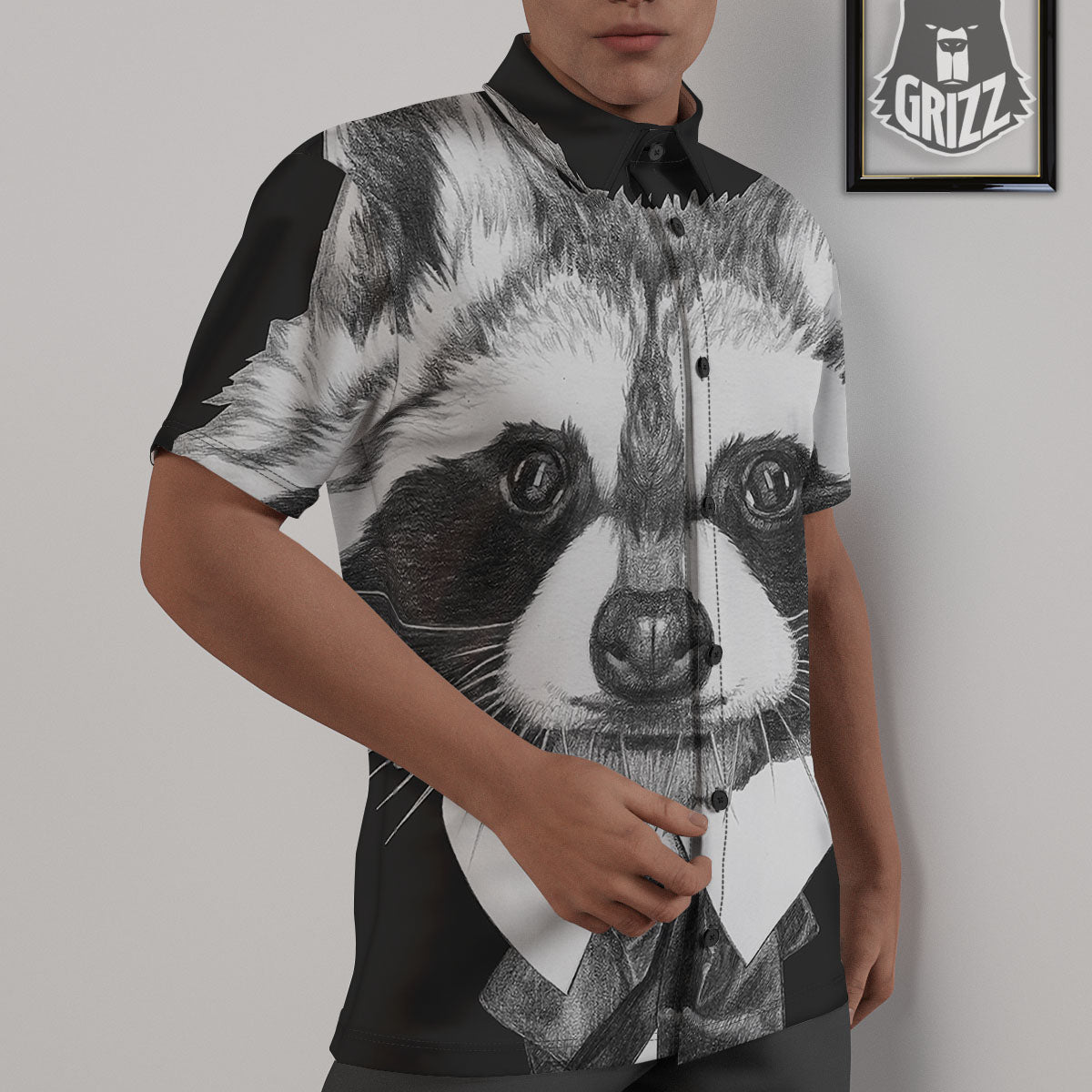 Portrait Raccoon Print Untucked Shirts-grizzshop